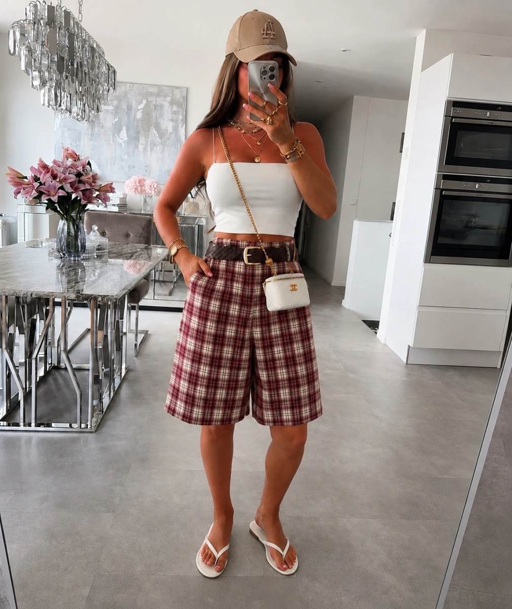 Short Bermuda effet flanelle Carreaux Avec ceinture et poches