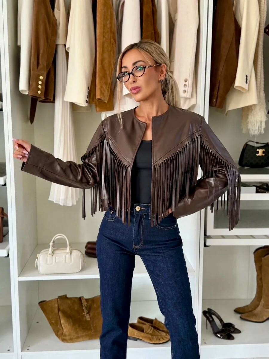 Veste courte simili cuir à franges