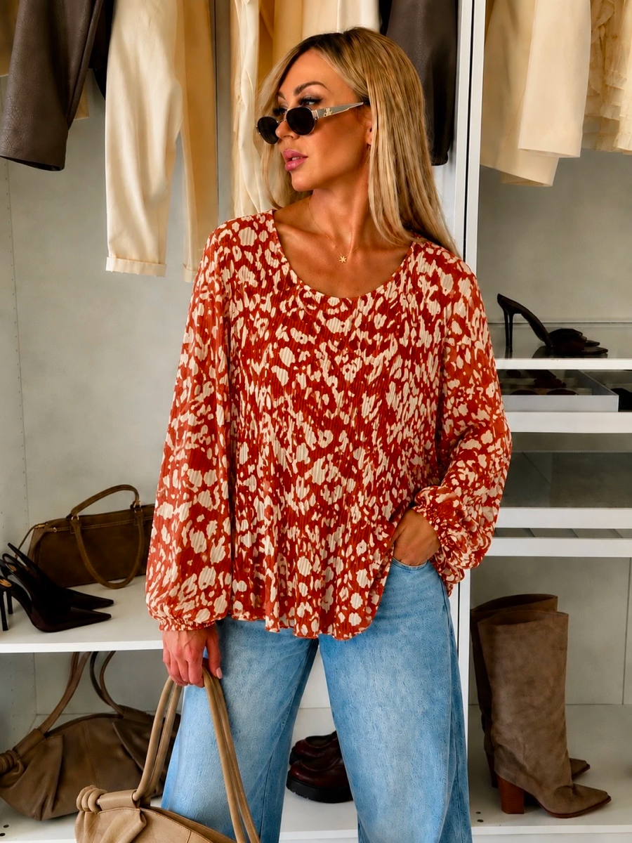 Blouse plissée oversize imprimée léopard – Fluide & élégante